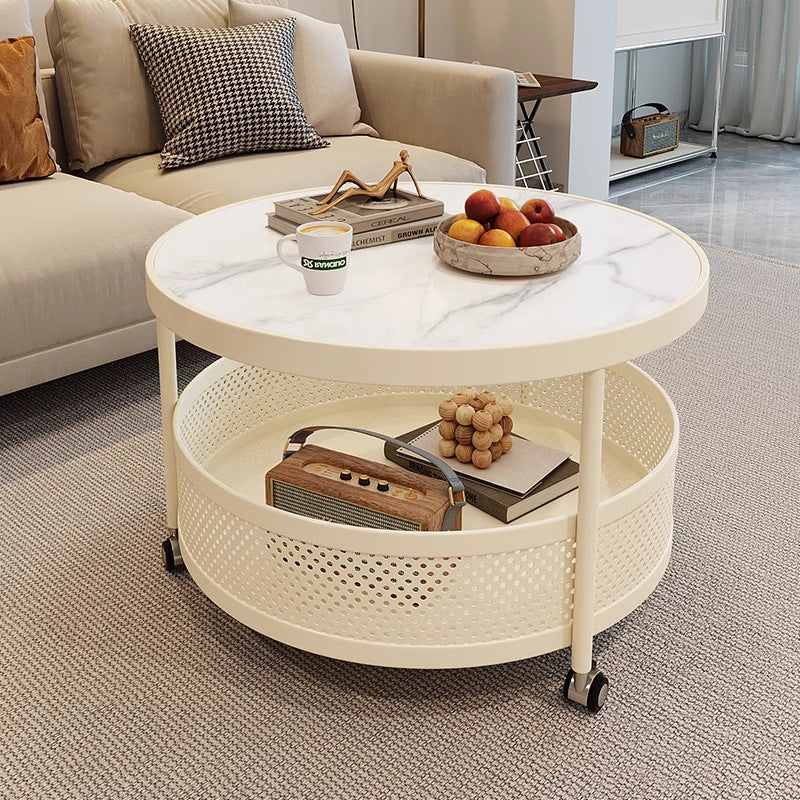 Scandinavian-Style Contemporary Metal Slab Round Side Table, Movable with Two-Tier End Table for Living Room