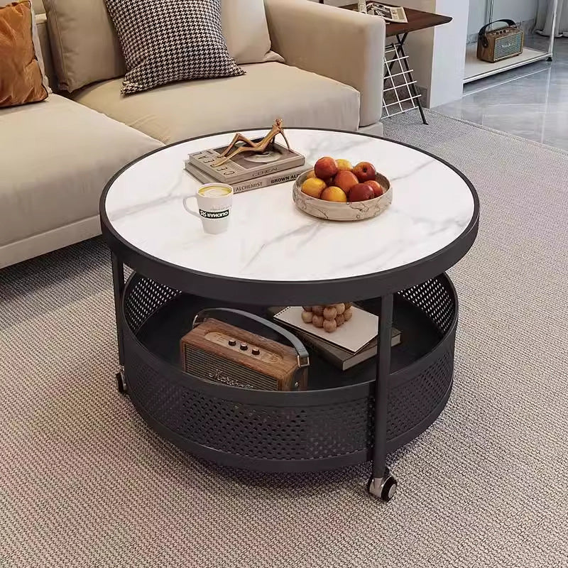 Scandinavian-Style Contemporary Metal Slab Round Side Table, Movable with Two-Tier End Table for Living Room