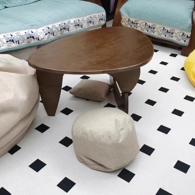 Traditional Japanese Rubberwood Rounded-Triangle Coffee Table, 1-Tier, for Living Room