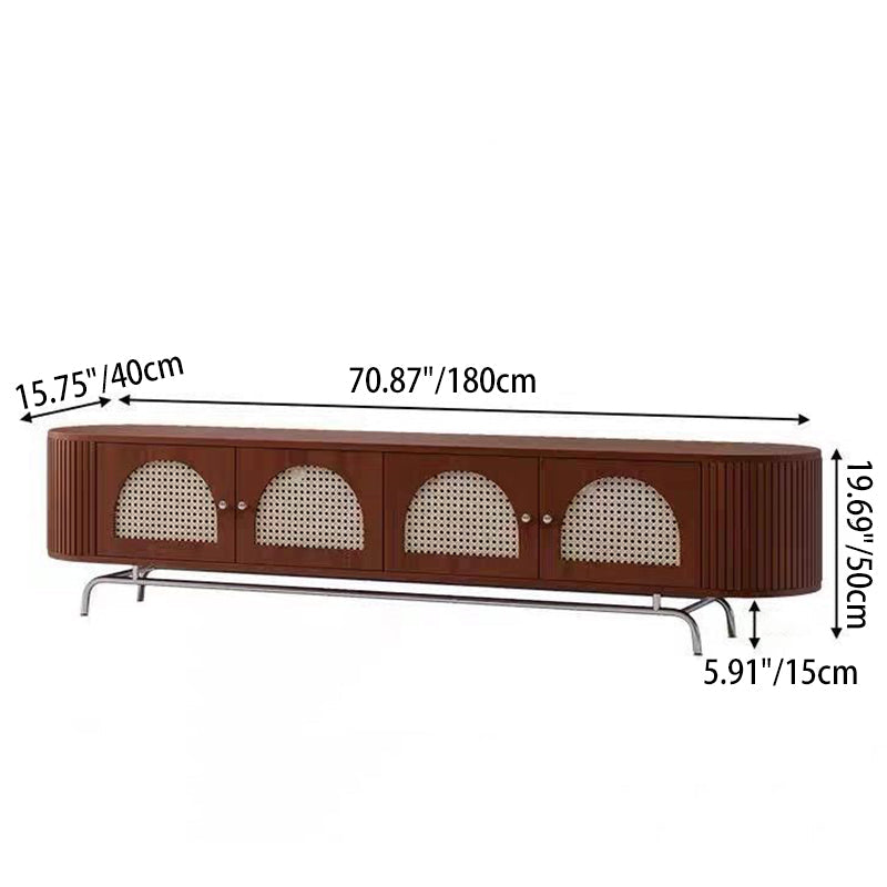 Traditional Chinese Pine Wood TV Stand with Rattan and Stainless Steel - Long Oval Arch Design, 4 Storage Compartments, for Living Room