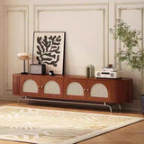 Traditional Chinese Pine Wood TV Stand with Rattan and Stainless Steel - Long Oval Arch Design, 4 Storage Compartments, for Living Room
