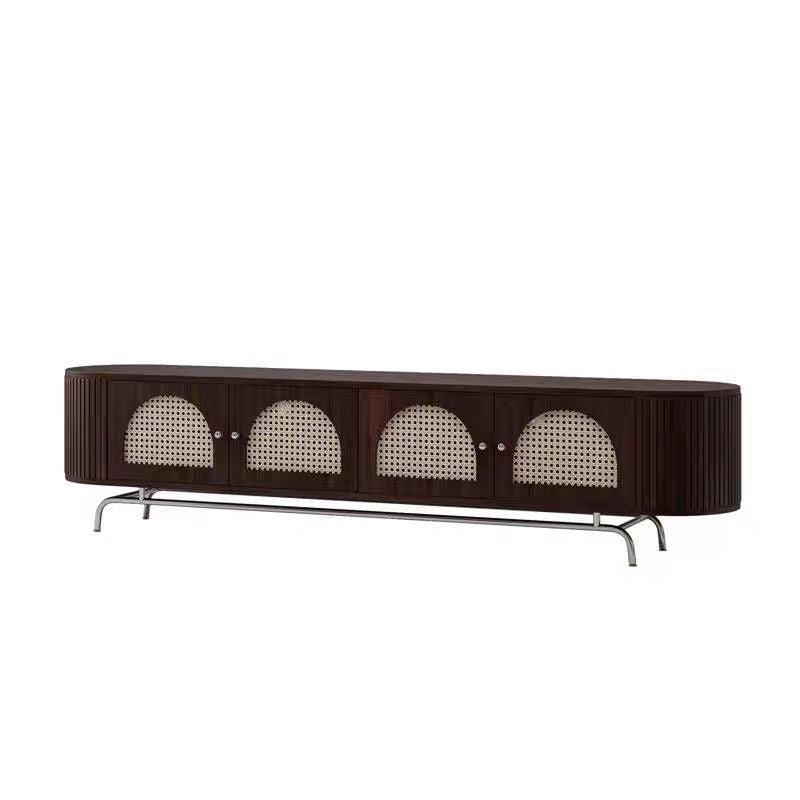 Traditional Chinese Pine Wood TV Stand with Rattan and Stainless Steel - Long Oval Arch Design, 4 Storage Compartments, for Living Room
