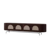 Traditional Chinese Pine Wood TV Stand with Rattan and Stainless Steel - Long Oval Arch Design, 4 Storage Compartments, for Living Room