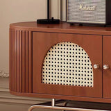 Traditional Chinese Pine Wood TV Stand with Rattan and Stainless Steel - Long Oval Arch Design, 4 Storage Compartments, for Living Room