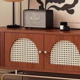 Traditional Chinese Pine Wood TV Stand with Rattan and Stainless Steel - Long Oval Arch Design, 4 Storage Compartments, for Living Room