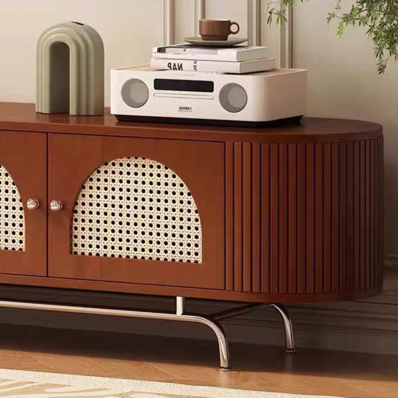 Traditional Chinese Pine Wood TV Stand with Rattan and Stainless Steel - Long Oval Arch Design, 4 Storage Compartments, for Living Room