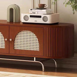 Traditional Chinese Pine Wood TV Stand with Rattan and Stainless Steel - Long Oval Arch Design, 4 Storage Compartments, for Living Room