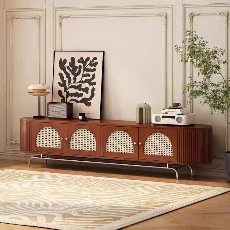 Traditional Chinese Pine Wood TV Stand with Rattan and Stainless Steel - Long Oval Arch Design, 4 Storage Compartments, for Living Room