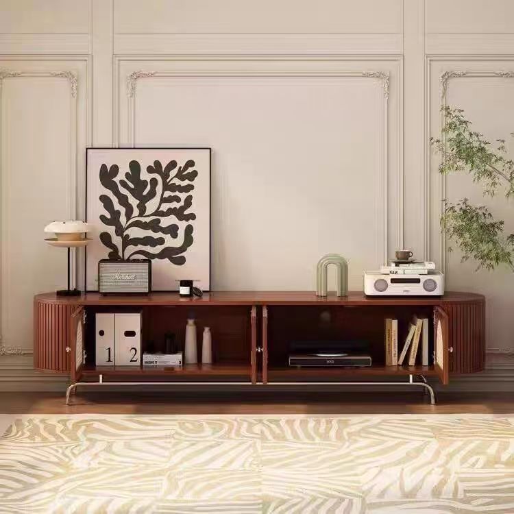 Traditional Chinese Pine Wood TV Stand with Rattan and Stainless Steel - Long Oval Arch Design, 4 Storage Compartments, for Living Room