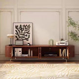 Traditional Chinese Pine Wood TV Stand with Rattan and Stainless Steel - Long Oval Arch Design, 4 Storage Compartments, for Living Room