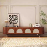 Traditional Chinese Pine Wood TV Stand with Rattan and Stainless Steel - Long Oval Arch Design, 4 Storage Compartments, for Living Room