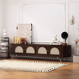 Traditional Chinese Pine Wood TV Stand with Rattan and Stainless Steel - Long Oval Arch Design, 4 Storage Compartments, for Living Room