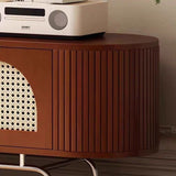 Traditional Chinese Pine Wood TV Stand with Rattan and Stainless Steel - Long Oval Arch Design, 4 Storage Compartments, for Living Room