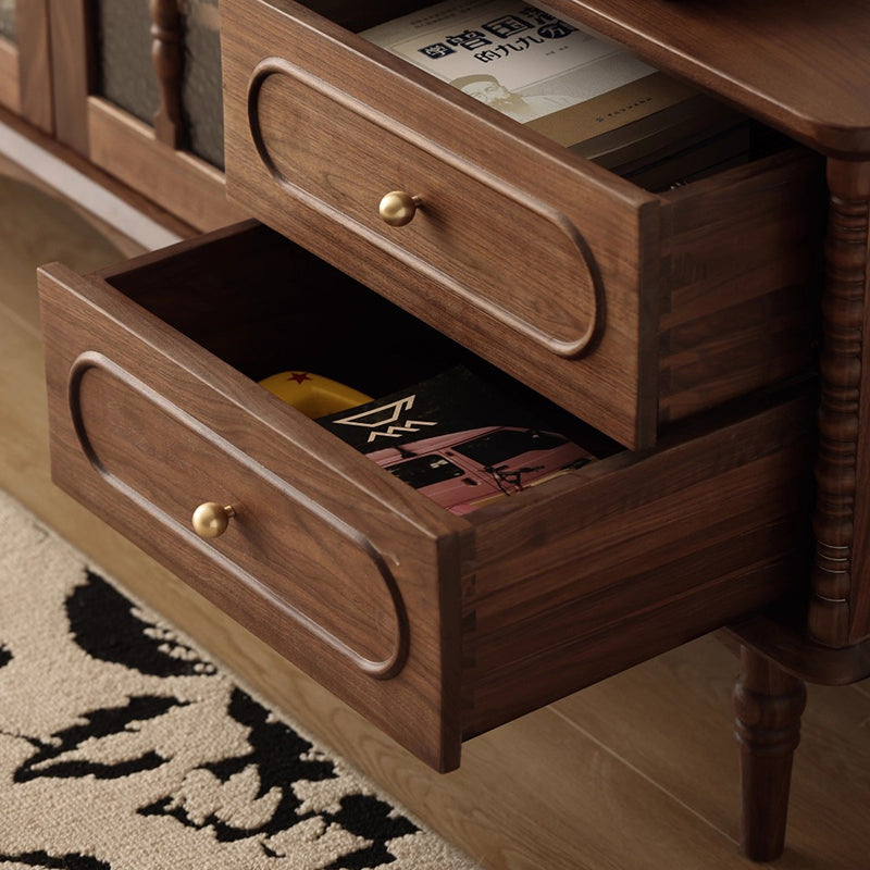 Elegant Traditional French Black Walnut Wood Curved-Front TV Stand with 4 Drawers for Living Room