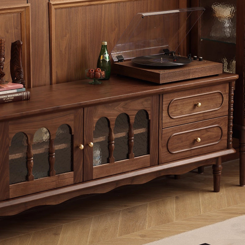 Elegant Traditional French Black Walnut Wood Curved-Front TV Stand with 4 Drawers for Living Room
