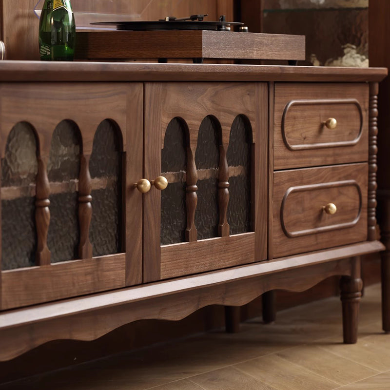 Elegant Traditional French Black Walnut Wood Curved-Front TV Stand with 4 Drawers for Living Room