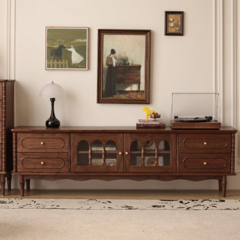 Elegant Traditional French Black Walnut Wood Curved-Front TV Stand with 4 Drawers for Living Room