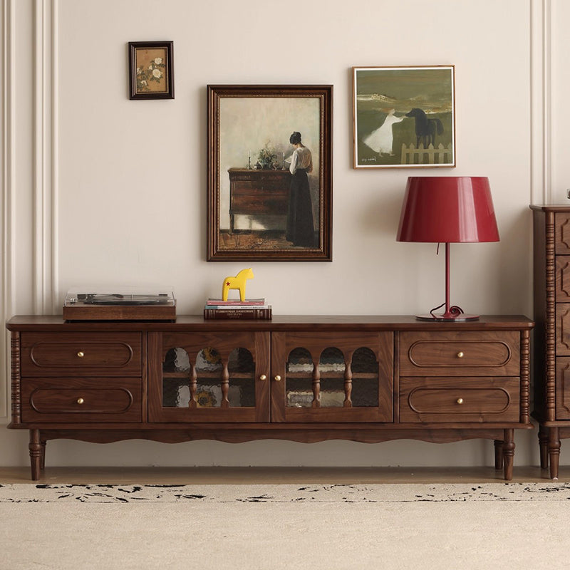 Elegant Traditional French Black Walnut Wood Curved-Front TV Stand with 4 Drawers for Living Room
