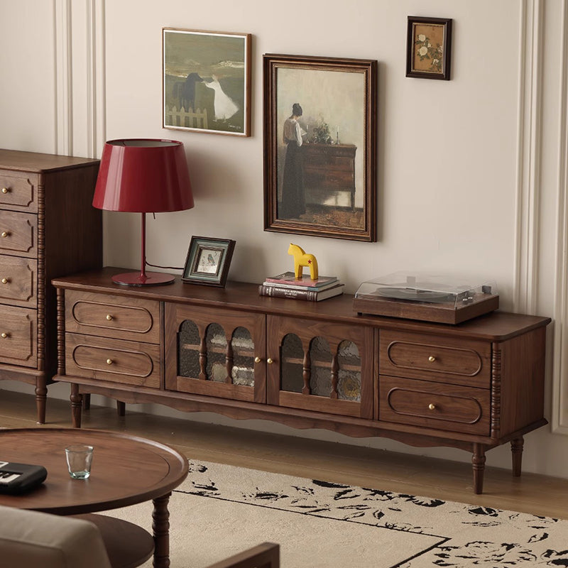 Elegant Traditional French Black Walnut Wood Curved-Front TV Stand with 4 Drawers for Living Room