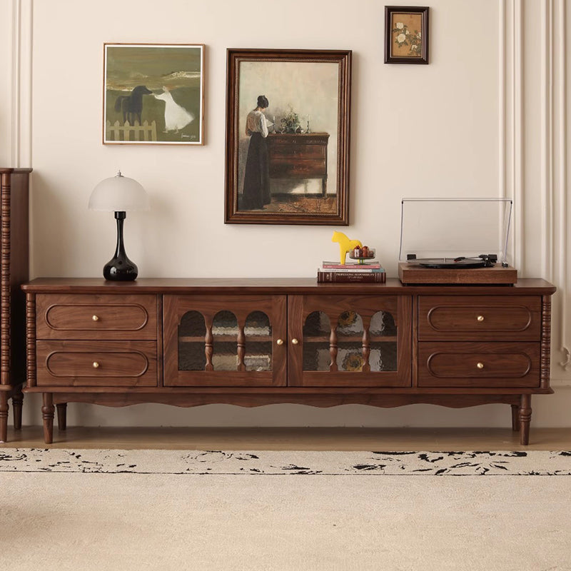 Elegant Traditional French Black Walnut Wood Curved-Front TV Stand with 4 Drawers for Living Room
