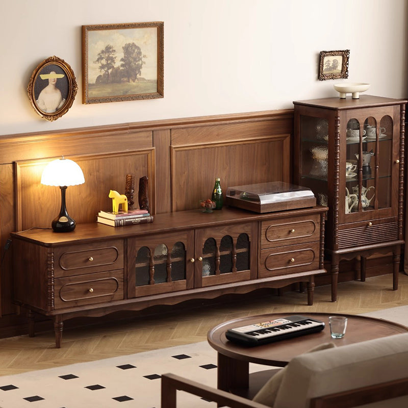 Elegant Traditional French Black Walnut Wood Curved-Front TV Stand with 4 Drawers for Living Room