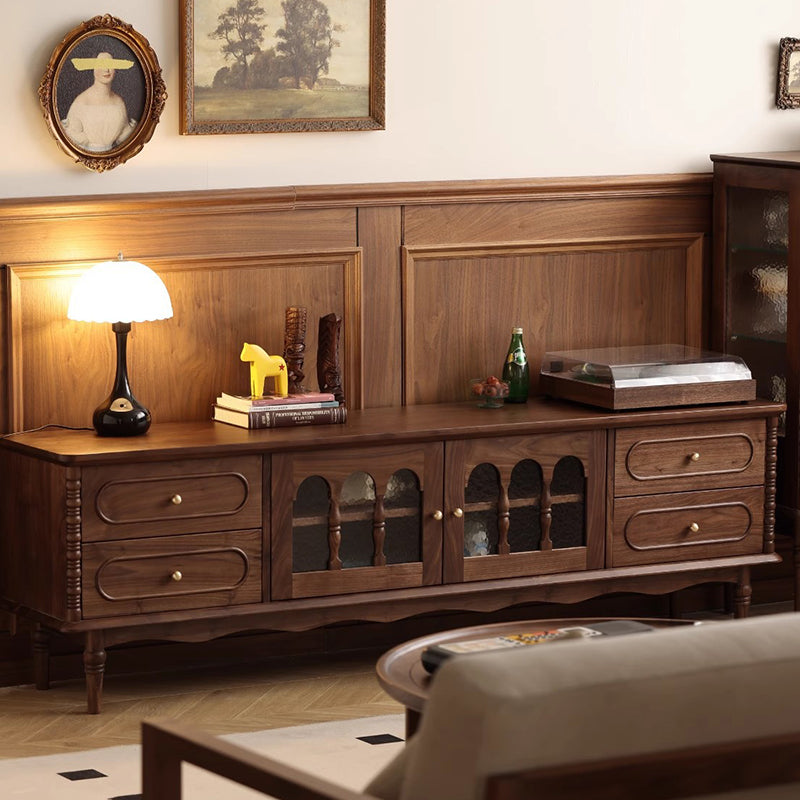 Elegant Traditional French Black Walnut Wood Curved-Front TV Stand with 4 Drawers for Living Room