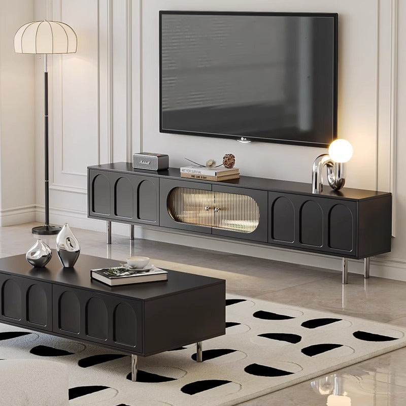 Traditional French-Style Engineered Wood TV Stand with Stainless Steel and Glass, Cylindrical-Rectangular Design, 2 Drawers for Living Room