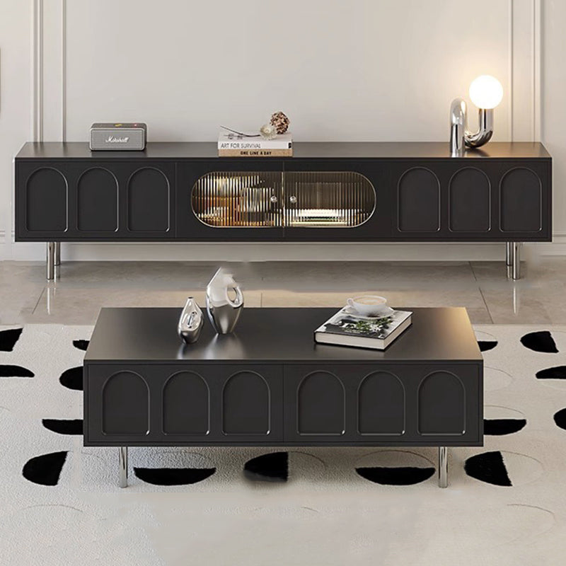 Traditional French-Style Engineered Wood TV Stand with Stainless Steel and Glass, Cylindrical-Rectangular Design, 2 Drawers for Living Room