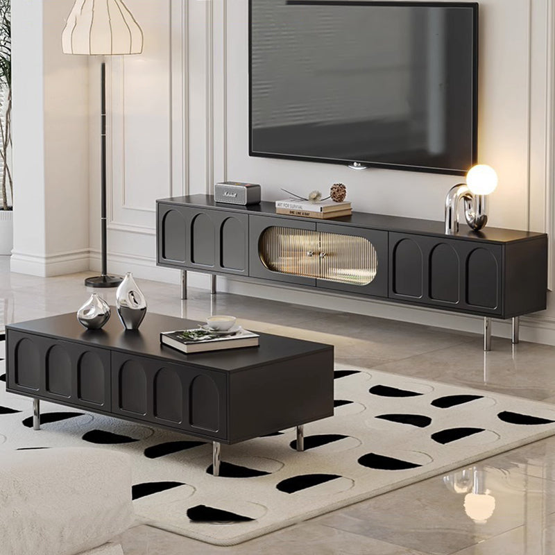 Traditional French-Style Engineered Wood TV Stand with Stainless Steel and Glass, Cylindrical-Rectangular Design, 2 Drawers for Living Room