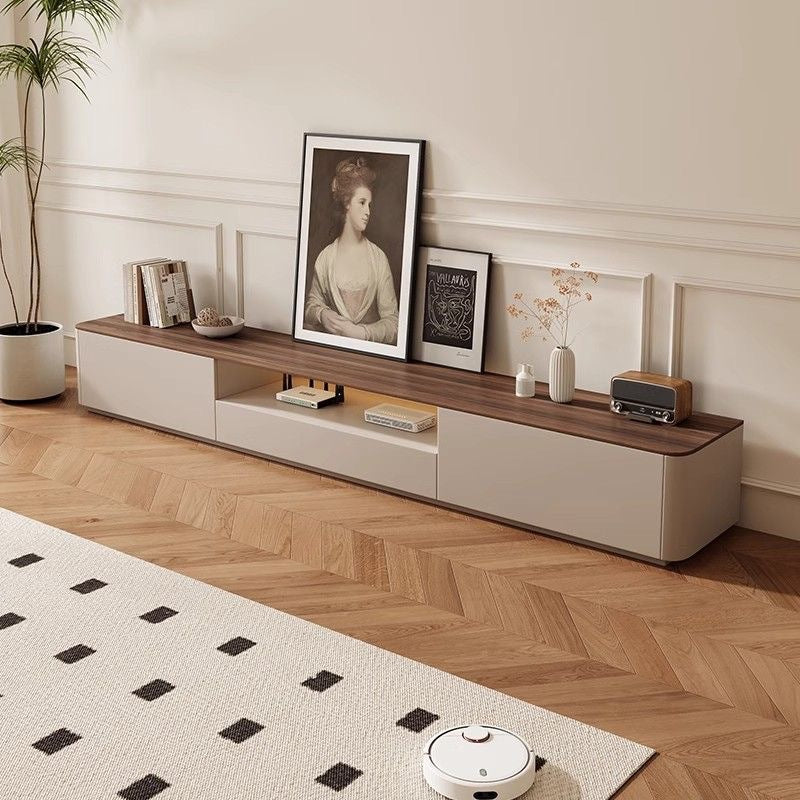 Elegant Traditional French Solid Wood TV Stand with Eco Board – Rounded Rectangular, 2–3 Drawers for Living Room