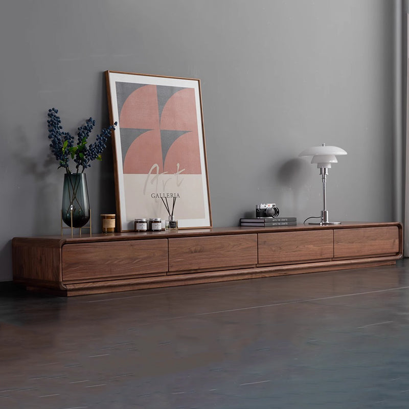 Traditional Chinese-Style Black Walnut Wood TV Stand with 4 Drawers — Rounded Rectangular Design for Living Room