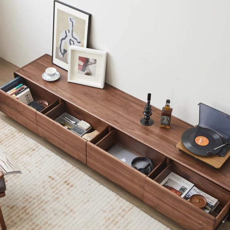 Traditional Chinese-Style Black Walnut Wood TV Stand with 4 Drawers — Rounded Rectangular Design for Living Room