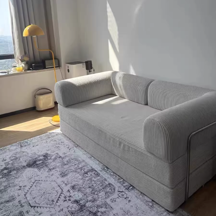 Modern Minimalist Curved Square Sofa with Stainless Steel Frame, Corduroy Upholstery, Backrest & Armrests – Perfect for Living Rooms