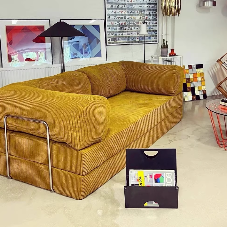 Modern Minimalist Curved Square Sofa with Stainless Steel Frame, Corduroy Upholstery, Backrest & Armrests – Perfect for Living Rooms