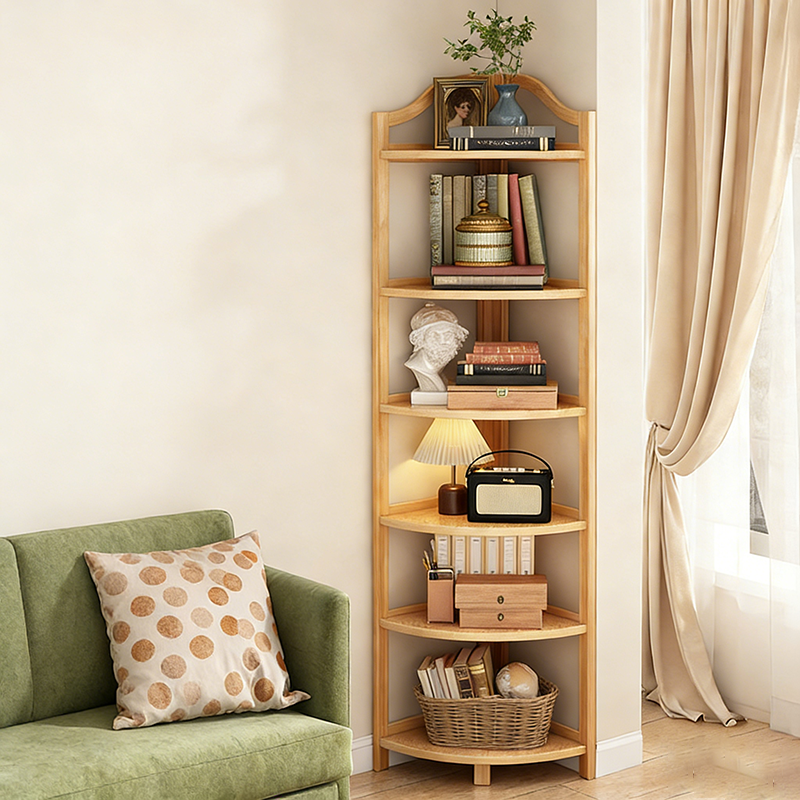 Modern Minimalist Bamboo Fan-Shaped Right-Angle Corner Shelf Unit — 3/4/5/6-Tier for Living Room