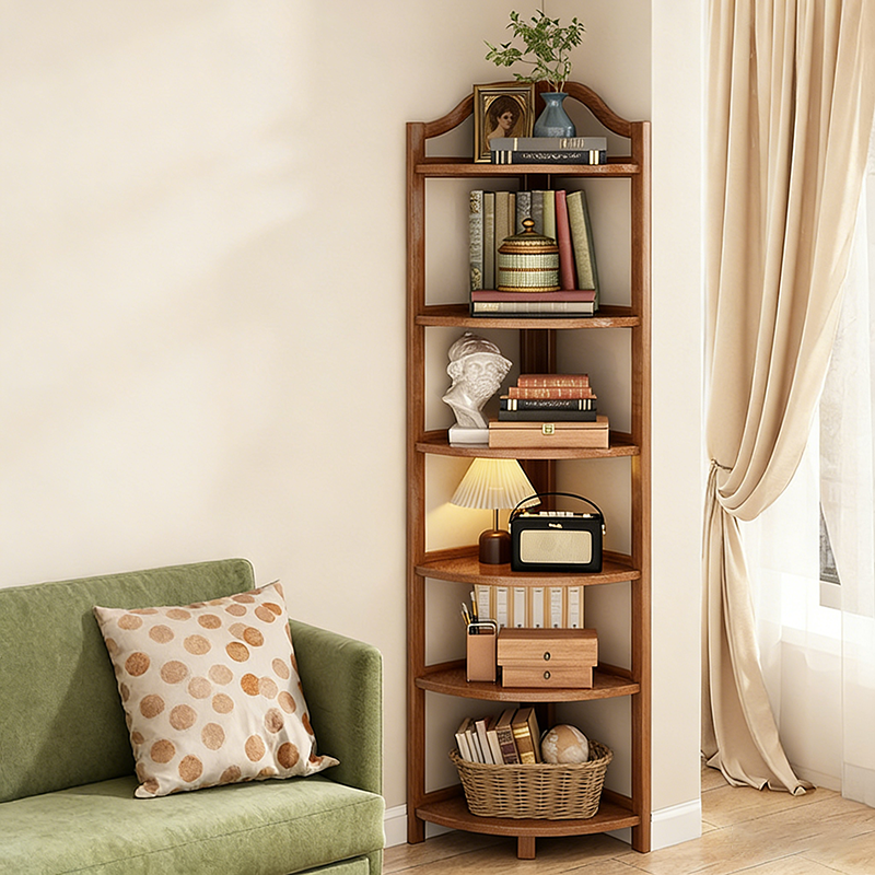 Modern Minimalist Bamboo Fan-Shaped Right-Angle Corner Shelf Unit — 3/4/5/6-Tier for Living Room