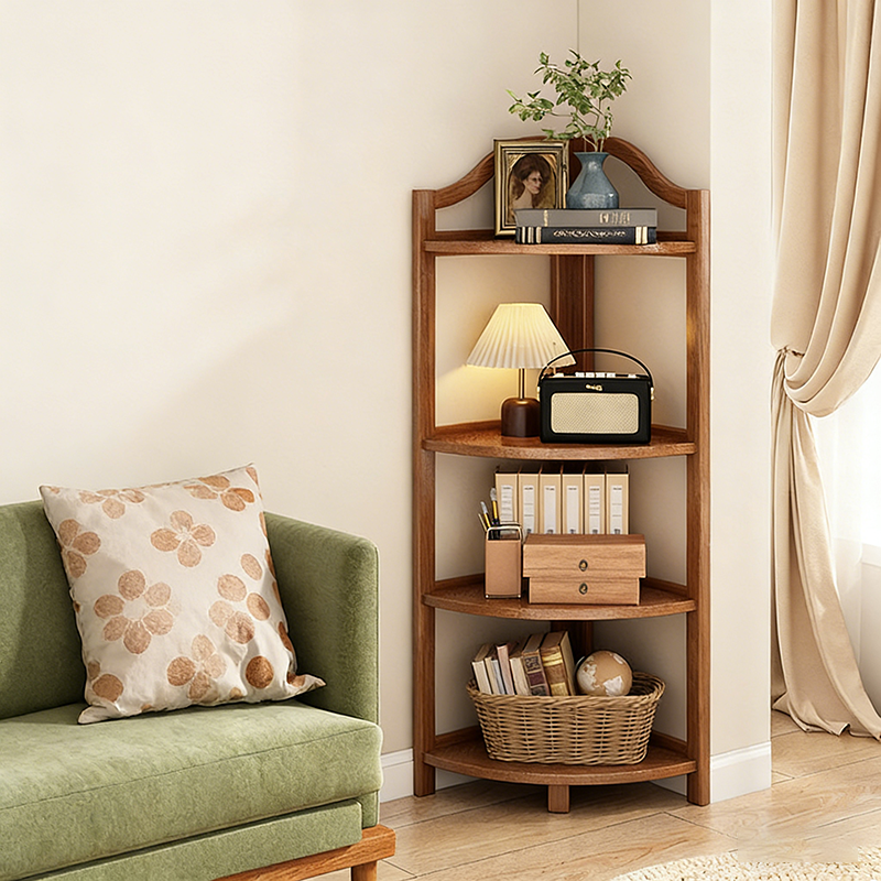 Modern Minimalist Bamboo Fan-Shaped Right-Angle Corner Shelf Unit — 3/4/5/6-Tier for Living Room