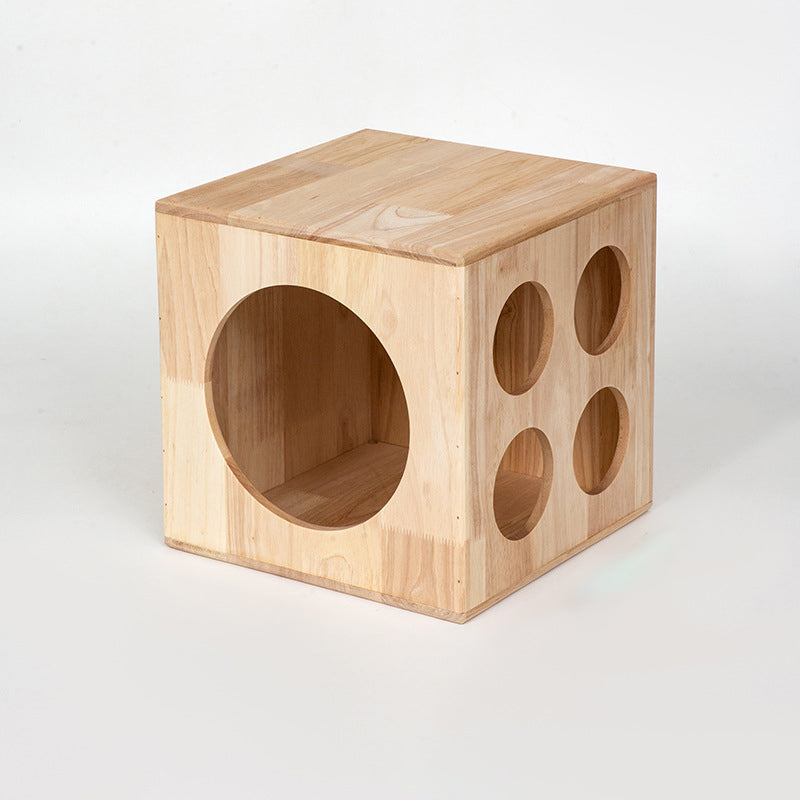 Traditional Chinese Rubberwood Cat Bed with Built-In Storage – Square & Round Design for Bedroom