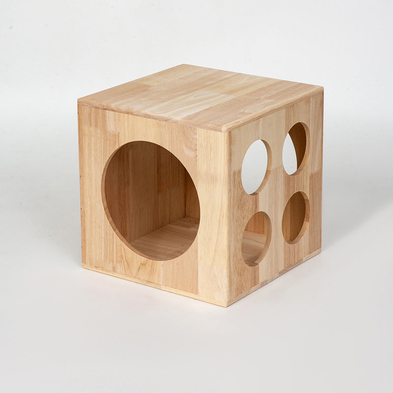 Traditional Chinese Rubberwood Cat Bed with Built-In Storage – Square & Round Design for Bedroom