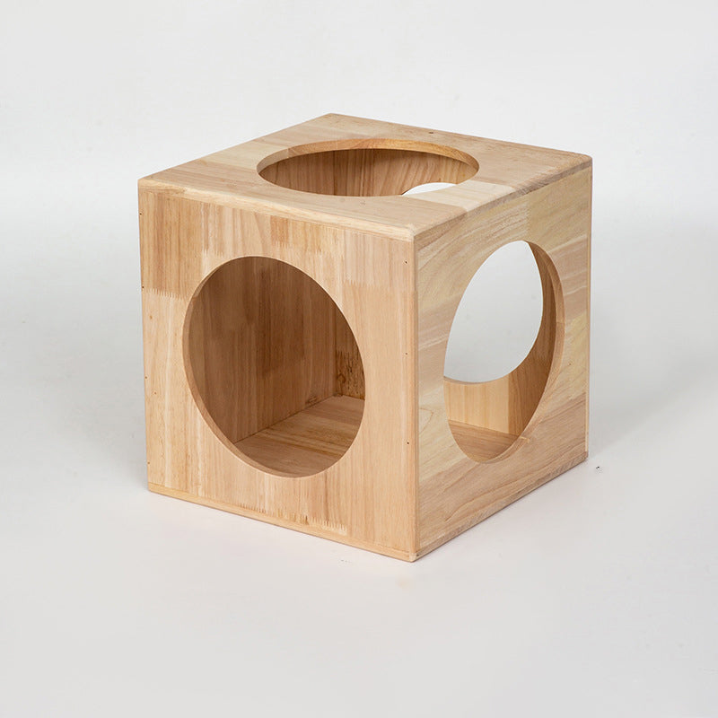 Traditional Chinese Rubberwood Cat Bed with Built-In Storage – Square & Round Design for Bedroom