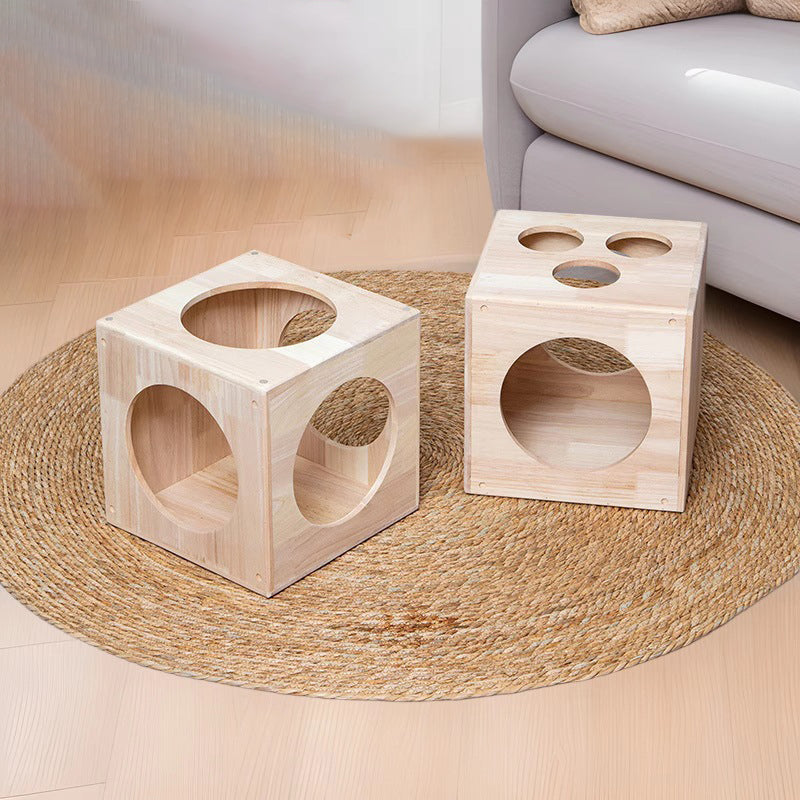 Traditional Chinese Rubberwood Cat Bed with Built-In Storage – Square & Round Design for Bedroom