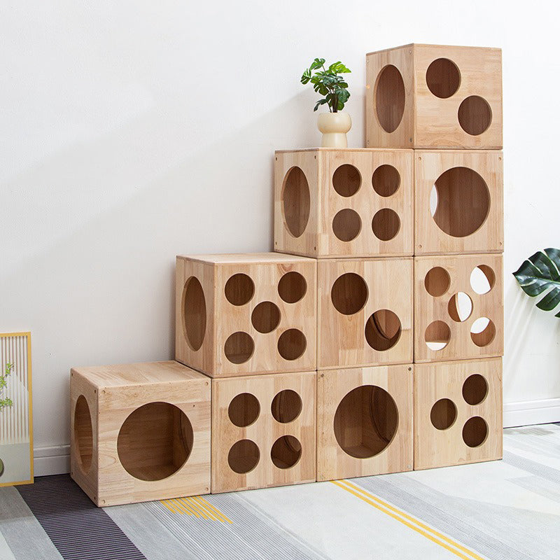 Traditional Chinese Rubberwood Cat Bed with Built-In Storage – Square & Round Design for Bedroom