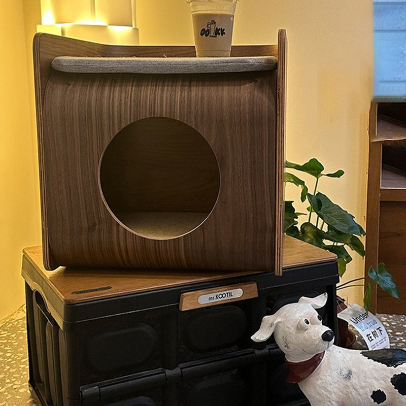 Traditional Chinese Oak Cat Bed with Rounded-Square, Multi-Layer Platform and Half-Storage for the Bedroom