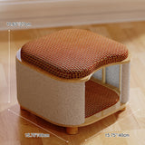Traditional Chinese Solid Wood Cat House with Rattan Mat — 2-Tier, Curved Square Design for Bedroom