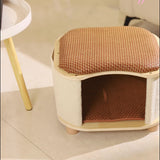 Traditional Chinese Solid Wood Cat House with Rattan Mat — 2-Tier, Curved Square Design for Bedroom