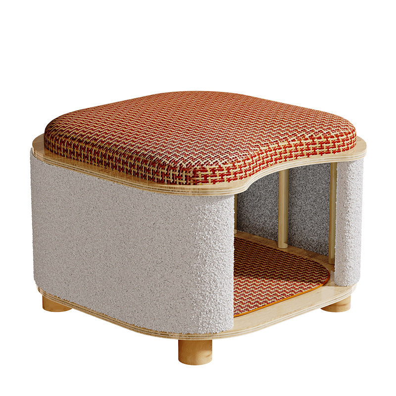 Traditional Chinese Solid Wood Cat House with Rattan Mat — 2-Tier, Curved Square Design for Bedroom