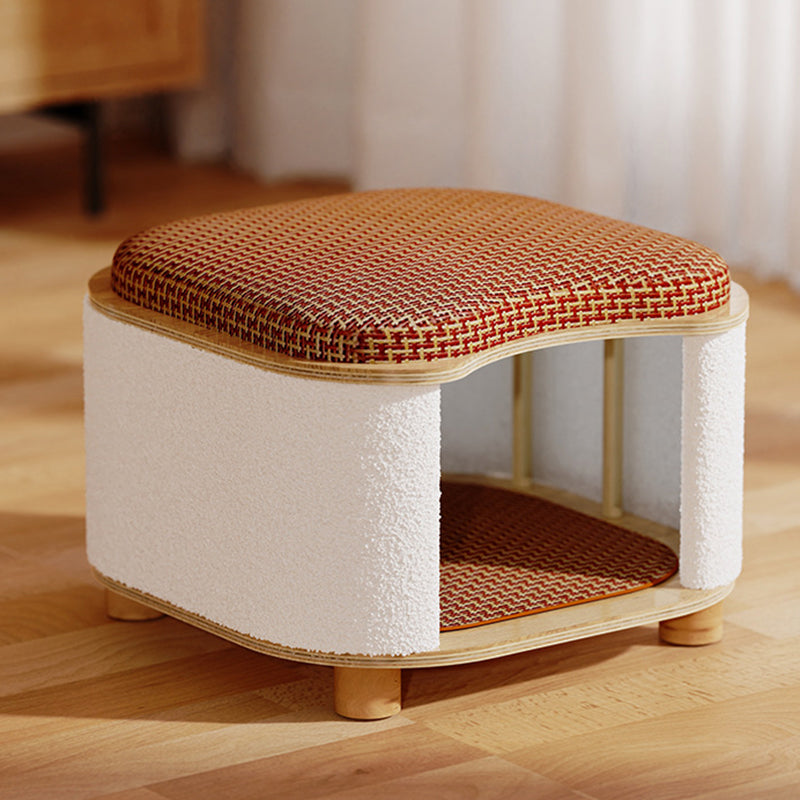 Traditional Chinese Solid Wood Cat House with Rattan Mat — 2-Tier, Curved Square Design for Bedroom