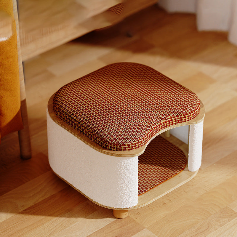 Traditional Chinese Solid Wood Cat House with Rattan Mat — 2-Tier, Curved Square Design for Bedroom