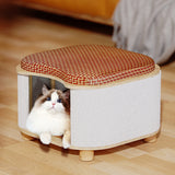 Traditional Chinese Solid Wood Cat House with Rattan Mat — 2-Tier, Curved Square Design for Bedroom