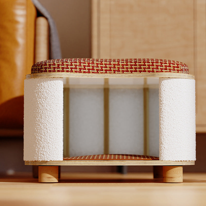Traditional Chinese Solid Wood Cat House with Rattan Mat — 2-Tier, Curved Square Design for Bedroom
